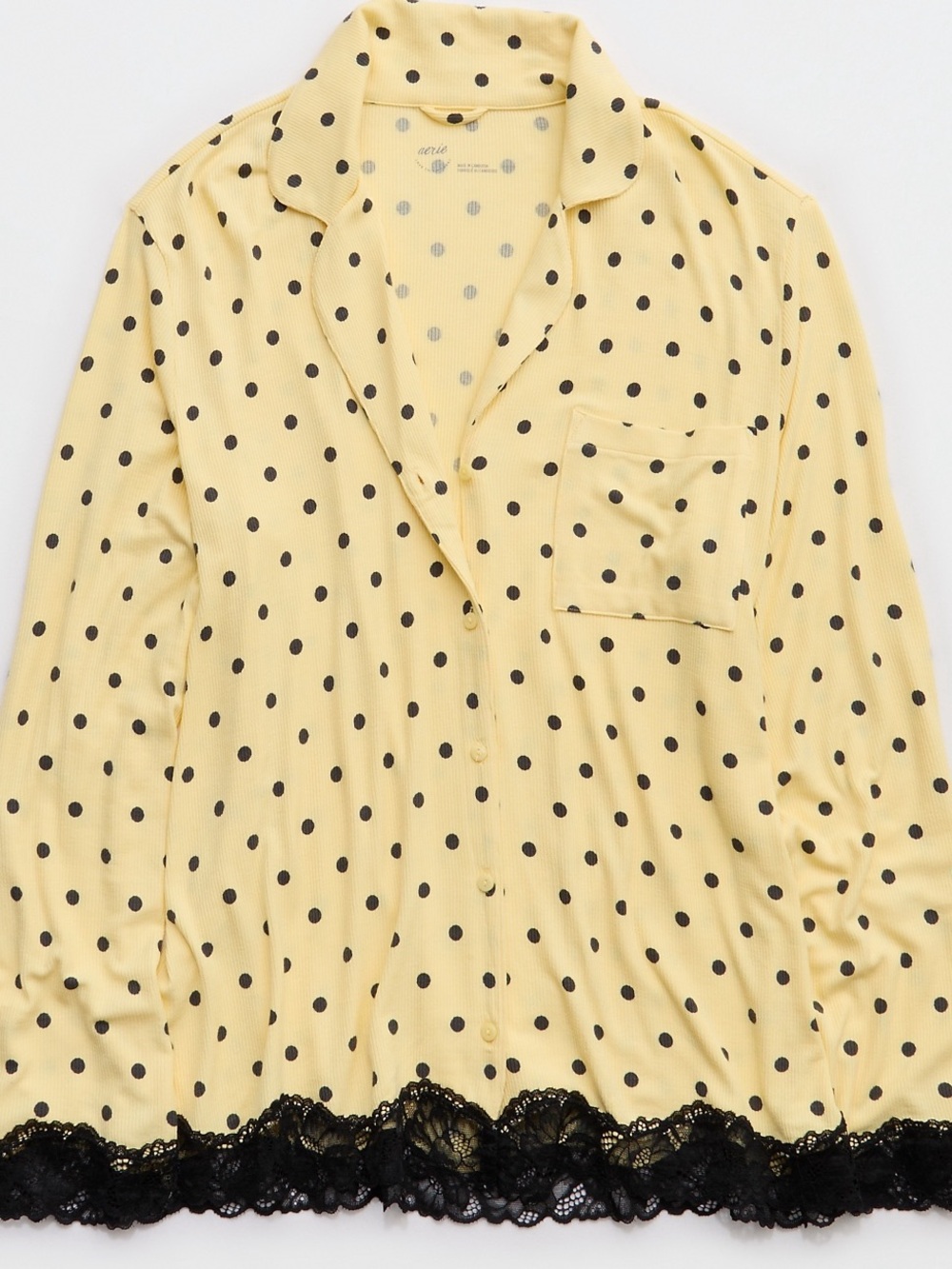 Aerie Real Soft Rib Polka Dot Lace-Trim Yellow Pajama Shirt, Large - Picture 6 of 6